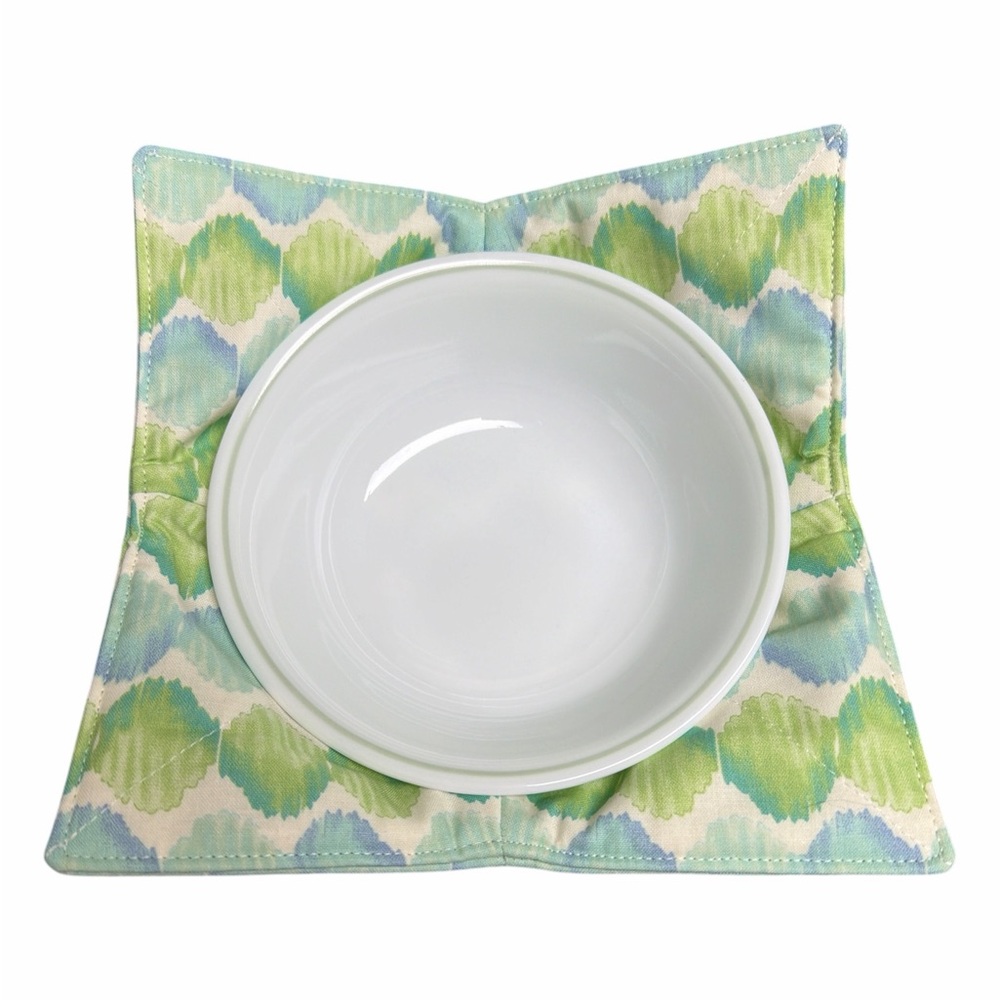 Hand Crafted Bowl Cozy Bowl Holder Microwavable Cotton Padded Green and Blue - Picture 9 of 11